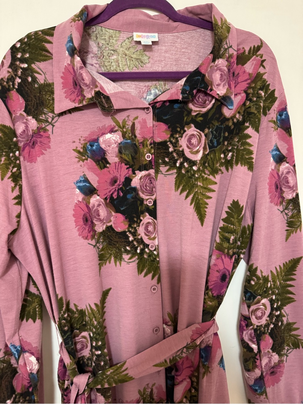 LuLaRoe Ellie Shirt Dress 2XL Mauve Floral Button Front Belted Midi Dress - Picture 2 of 7